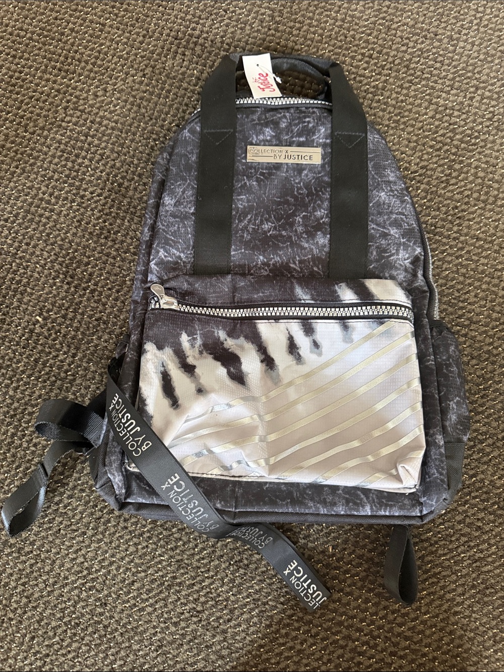 Justice Black and Silver Marble-Print Backpack